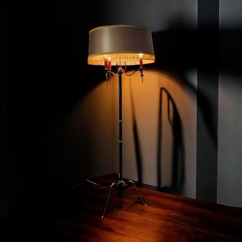 Vintage 'gouden' staanlamp met franjes, Antiek en Kunst, Antiek | Verlichting, Ophalen of Verzenden