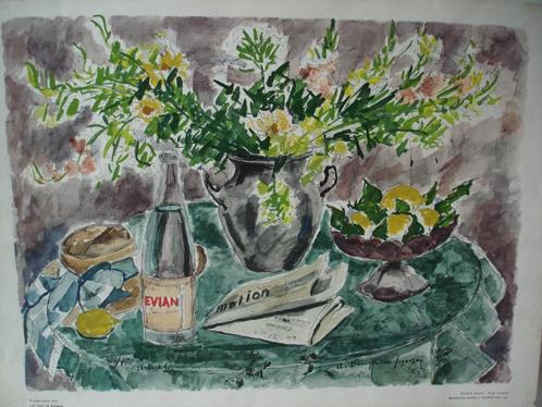 1965 DUNOYER de SEGONZAC Nature morte à la bouteille d'Evian, Antiek en Kunst, Kunst | Litho's en Zeefdrukken, Ophalen of Verzenden