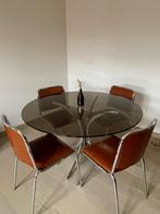Ronde glazen eettafel en 4 stoelen, Ophalen, Gebruikt, Glas, Vier personen