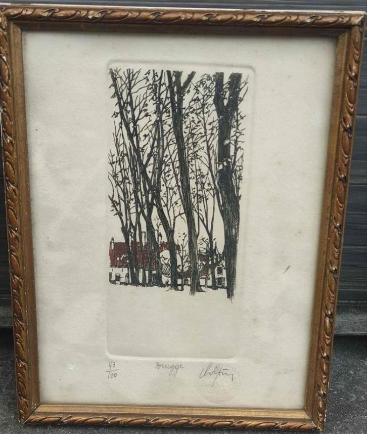Gravure Brugge signe André colpin, Antiek en Kunst, Kunst | Etsen en Gravures, Ophalen of Verzenden