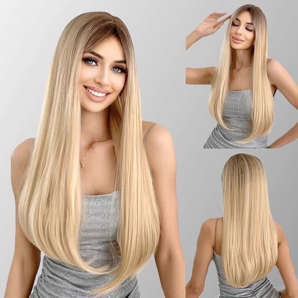 Pruik lang blond steil haar met pony model Stelle, Verzenden, Nieuw