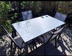Buitentafel met 4 stoelen, Huis en Inrichting, Tafels | Eettafels, Ophalen, Zo goed als nieuw, Vier personen, Glas