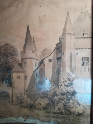 Een oude tekening die een kasteel voorstelt
