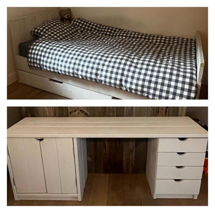Zeer mooi en goed onderhouden Bed & Bureau in steigerhout, Huis en Inrichting, Slaapkamer | Bedden, Gebruikt, Eenpersoons, 90 cm