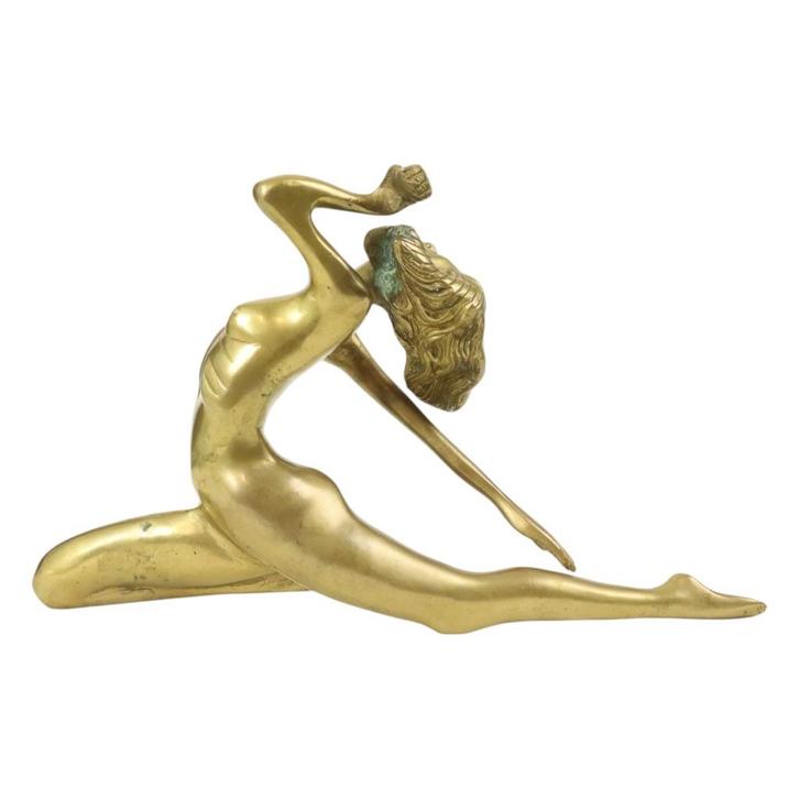 Art Deco Stijl Beeld Elegante Naakte Vrouw Massief Messing, Verzamelen, Beelden en Beeldjes, Gebruikt, Mens, Ophalen of Verzenden