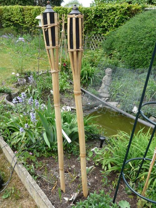 2 tuinfakkels in Bamboe . vulbare glazen olielamp .H 120 cm, Tuin en Terras, Fakkels, Zo goed als nieuw, Ophalen
