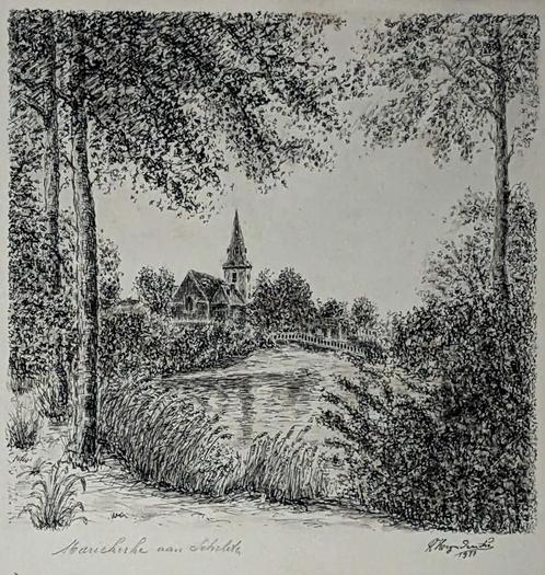 tekening mariakerke aan de schelde - kader - onleesbaar gesi, Antiek en Kunst, Kunst | Tekeningen en Fotografie, Ophalen of Verzenden