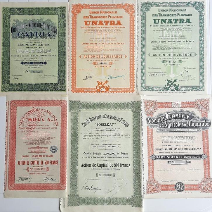 6 aandelen Belgisch Congo (lot f), Postzegels en Munten, Aandelen en Waardepapieren, Aandeel, 1920 tot 1950, Ophalen of Verzenden