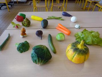 Matériel pédagogique : faux fruits, légumes et animaux