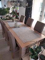 houten tafel met natuurstenen tegels + 6 lederen stoelen, Huis en Inrichting, Tafels | Eettafels, Ophalen, Gebruikt
