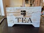 Theedoos hout en glas brocante stijl crème - Tea, Ophalen of Verzenden