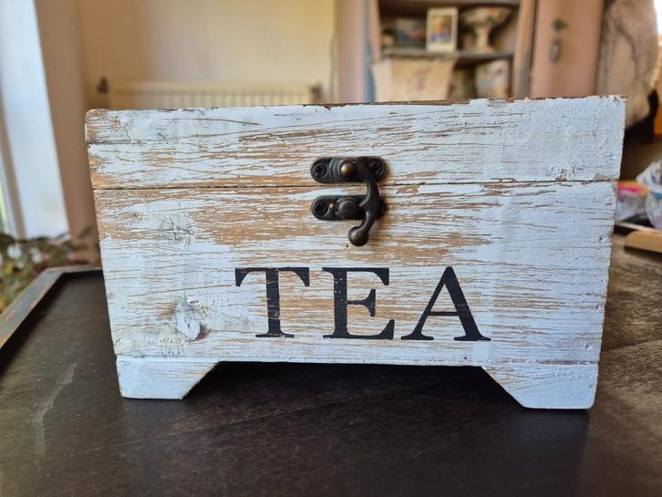 Theedoos hout en glas brocante stijl crème - Tea, Antiek en Kunst, Curiosa en Brocante, Ophalen of Verzenden