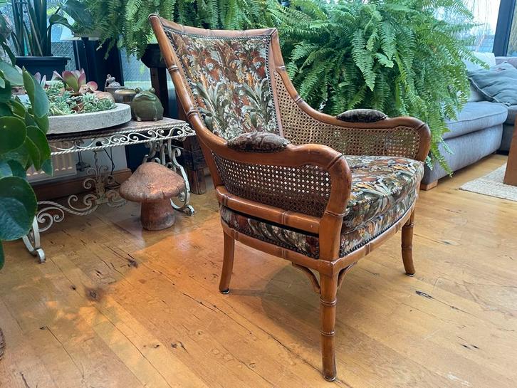 Vintage faux bamboe Giorgetti fauteuil zetel exotische stof, Huis en Inrichting, Fauteuils, Zo goed als nieuw, Stof, Ophalen