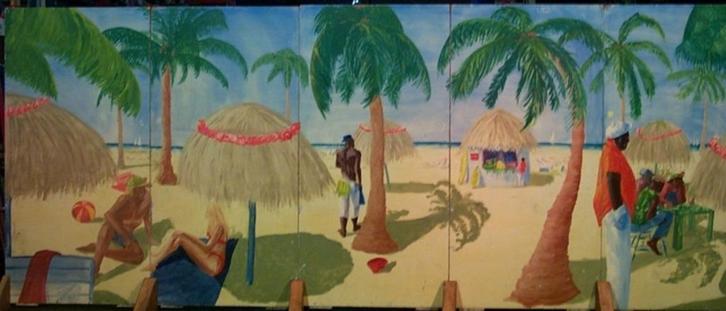 Houten decorwand / schildering tropisch strand, Antiek en Kunst, Curiosa en Brocante, Ophalen