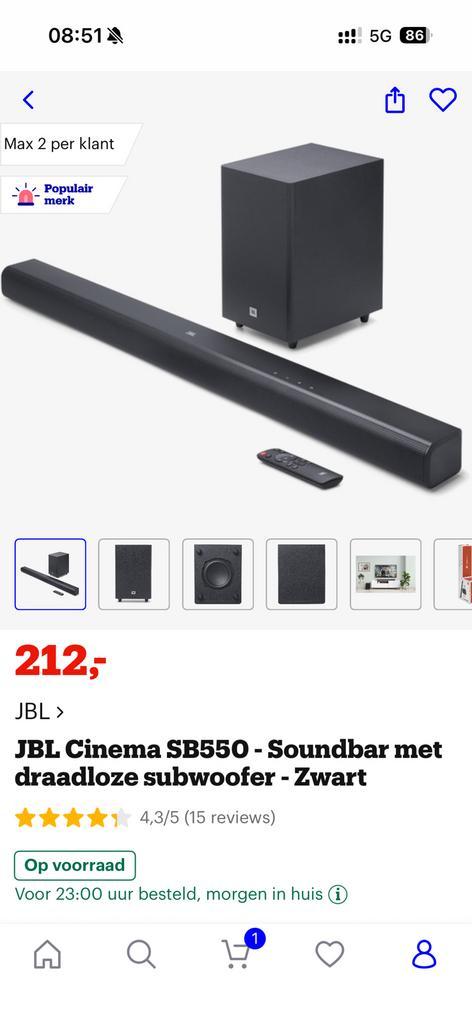 JBL Cinema SB550 soundbar + draadloze actieve subwoofer, TV, Hi-fi & Vidéo, Barres de son, Neuf, Enlèvement ou Envoi