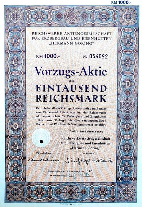 Reichswerke "Hermann Göring" 1939, Postzegels en Munten, Aandelen en Waardepapieren, Aandeel, 1920 tot 1950, Ophalen of Verzenden