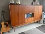 Vintage highboard kast teak /mahonie /buffet / barkast, Teck, Avec tablette(s), 25 à 50 cm, 200 cm ou plus
