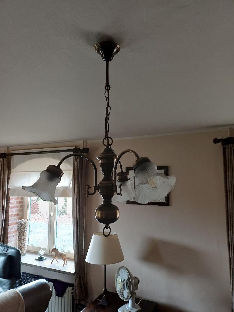 Messing lusters, Huis en Inrichting, Lampen | Kroonluchters, Zo goed als nieuw, Glas, Metaal, Ophalen