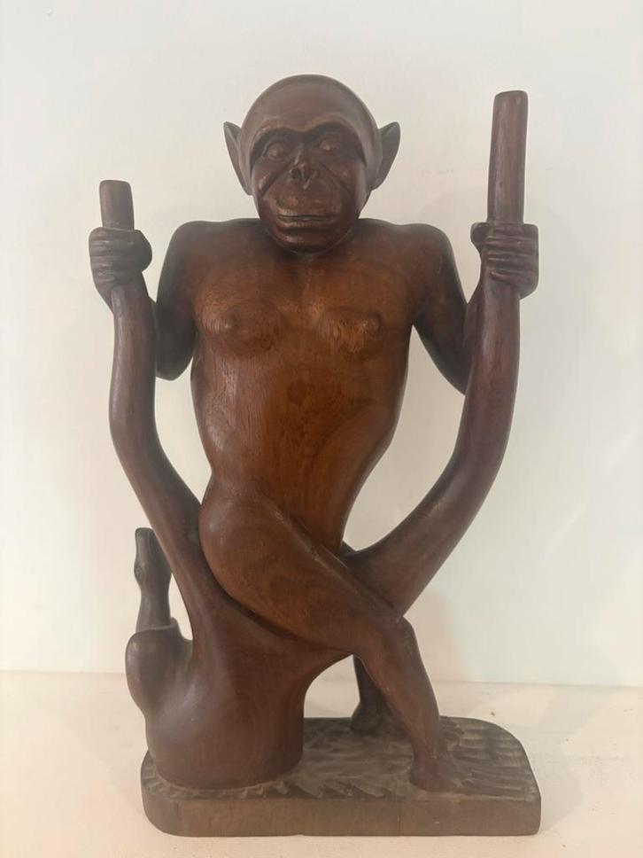 Handgesneden houten aap beeld – massief hout, Antiek en Kunst, Kunst | Beelden en Houtsnijwerken, Ophalen
