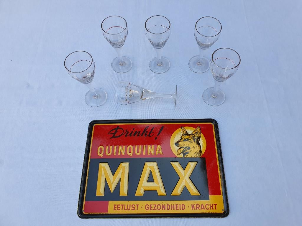 Quinquina Max metalen bord met 6 bijpassende glazen 1950, Verzamelen, Ophalen of Verzenden, Gebruikt, Reclamebord