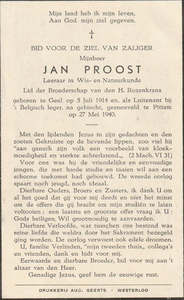 Gesneuvelde 1940-1945 Luitenant Jan Proost, Verzamelen, Bidprentjes en Rouwkaarten, Ophalen
