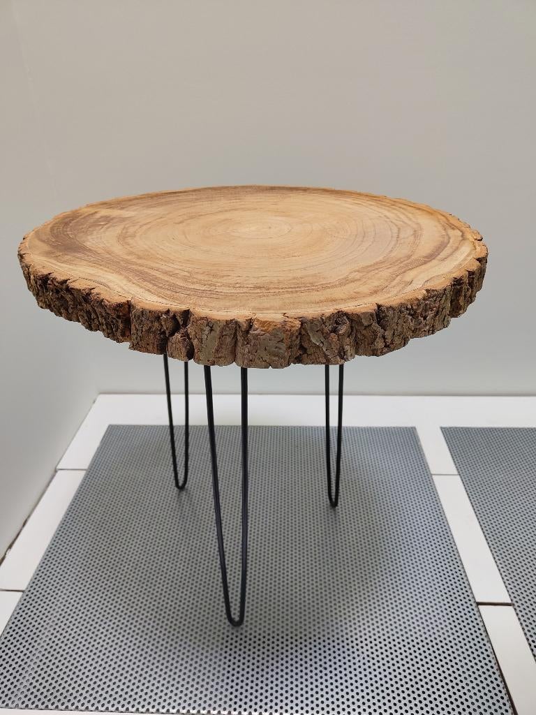 Unieke bijzettafel boomschijf & ijzer – Pomax stijl, Minder dan 55 cm, Gebruikt, Pomax, Rond