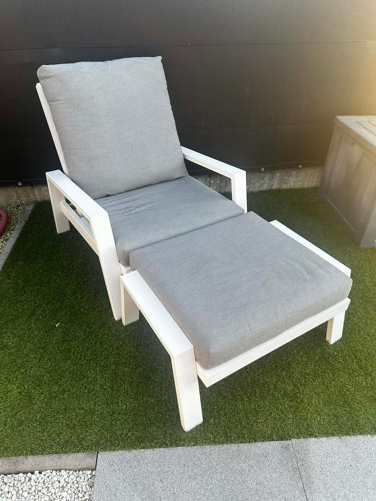 Luxe verstelbare tuinligstoelen set met voetbank kussens, Ophalen, Gebruikt, Aluminium