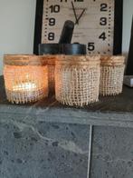 handmade theelichtjes houder in glas en jute dia7cm en h7.5c, Overige materialen, Nieuw, Ophalen of Verzenden, Kandelaar