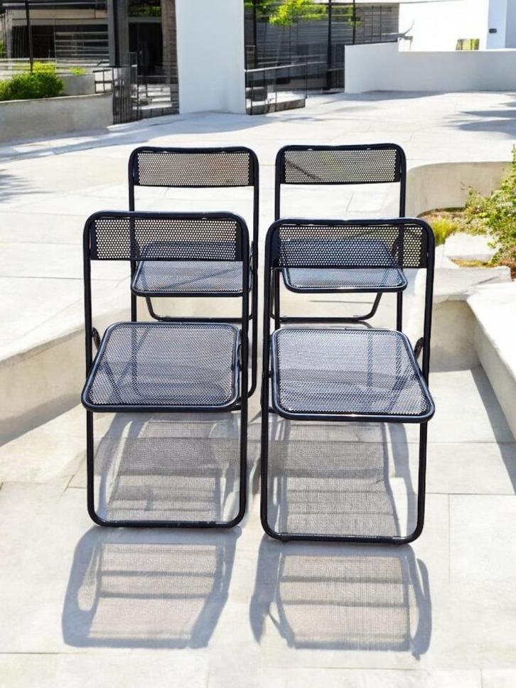 Geweldige set van 4 vintage Italiaans design klapstoelen., Huis en Inrichting, Stoelen, Gebruikt, Vier, Metaal, Zwart, Ophalen of Verzenden