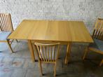 Extendable kitchen table in oak veneer + six chairs. As new, Huis en Inrichting, Tafels | Eettafels, Ophalen, 100 tot 150 cm, 50 tot 100 cm