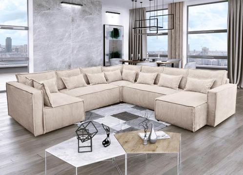 Canapé Neuf EVA panoramique beige. Surface Couchage 128x290, Huis en Inrichting, Zetels | Zetels, Nieuw, Hoekbank, Vierpersoons of meer