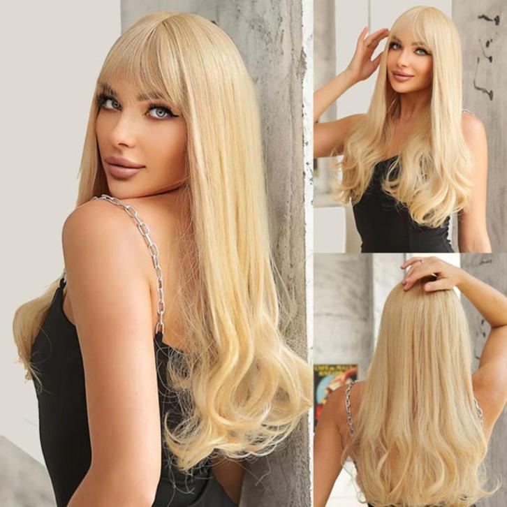 Pruik lang goudblond haar met rechte pony, Handtassen en Accessoires, Uiterlijk | Haarverzorging, Nieuw, Pruik of Haarverlenging