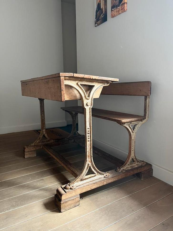 Authentiek schoolbankje, massief hout, gietijzeren onderstel, Huis en Inrichting, Tafels | Sidetables, Gebruikt, 75 cm of meer