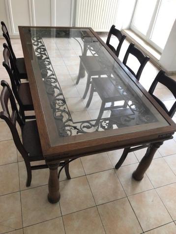 Table bois fer forgé verre avec 6 chaises bois