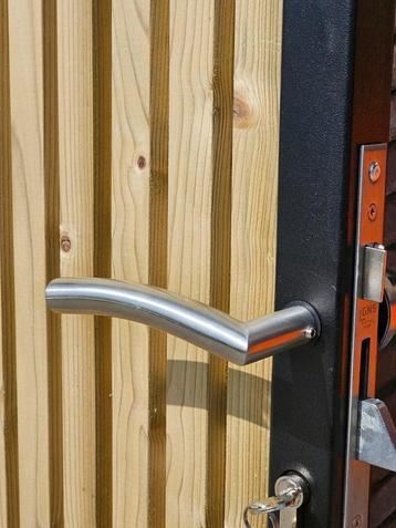 Nieuw moderne tuinpoort lijnprofiel, zwart staal, hout poort beschikbaar voor biedingen