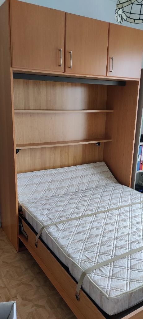 Opklapbed, Huis en Inrichting, Slaapkamer | Bedden, Zo goed als nieuw, Twijfelaar, 140 cm, 200 cm, Hout, Bruin, Ophalen