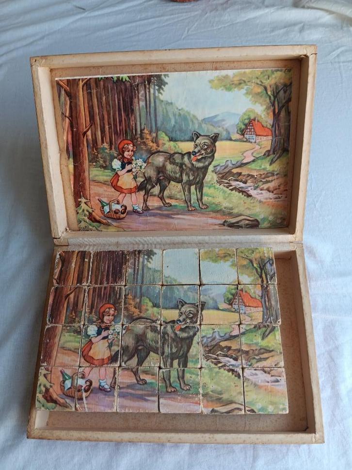 Vintage blokpuzzel sprookjes van Grimm, ca. 1950, 24 blokjes, Antiek en Kunst, Antiek | Speelgoed, Ophalen of Verzenden