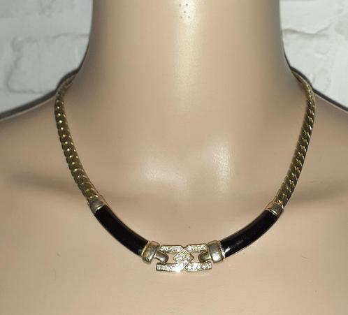 Halsketting vintage goud en zwart met strass '60, Handtassen en Accessoires, Kettingen, Goud, Zwart, Met strass, Verzenden