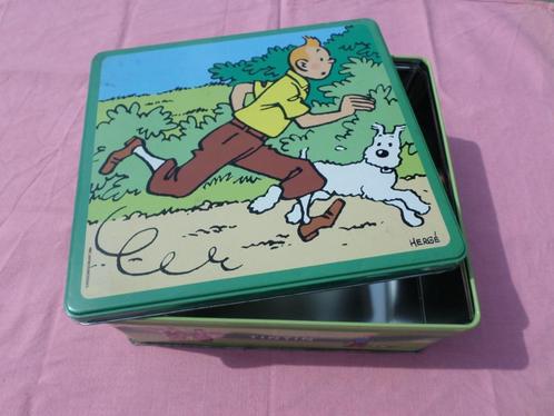 Tintin Snowy metalen doos die groen loopt, Verzamelen, Blikken, Gebruikt, Koek(jes), Ophalen of Verzenden