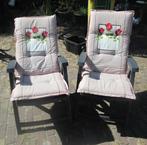 2 prima verstelbare Tuinstoelen in PVC + kussens, Ophalen of Verzenden, Zo goed als nieuw, Kunststof