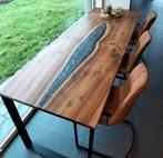 Unieke 'bookmatch' eettafel in notelaar met epoxy, Huis en Inrichting, Ophalen, 200 cm of meer, 50 tot 100 cm, Vijf personen of meer