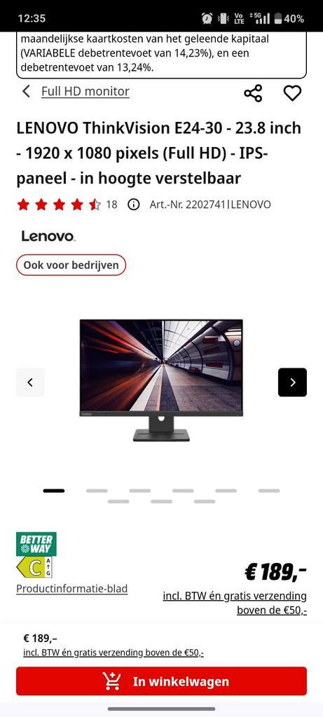 Lenovo ThinkVision nieuw nooit gebruikt, Computers en Software, Monitoren, In hoogte verstelbaar, LED, HD, Ophalen of Verzenden