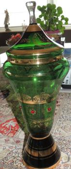 Groene glazen vaas met vergulde rand., Minder dan 50 cm, Groen, Glas, Gebruikt