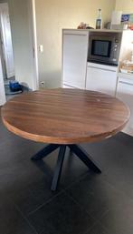 Ronde houten tafel met metaal onderstel in zwart, Huis en Inrichting, Ophalen, Zo goed als nieuw, Metaal