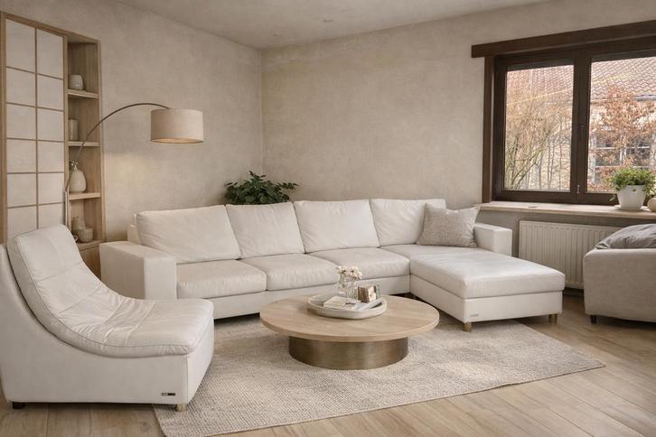 Encanto leder hoeksalon + lounge chair – wit, Huis en Inrichting, Stoffering | Vloerbedekking, Zo goed als nieuw, Ophalen