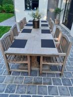 Eiken tuintafel + 8 blokstoelen teak, Tuin en Terras, Ophalen, Gebruikt, Rechthoekig, Hout