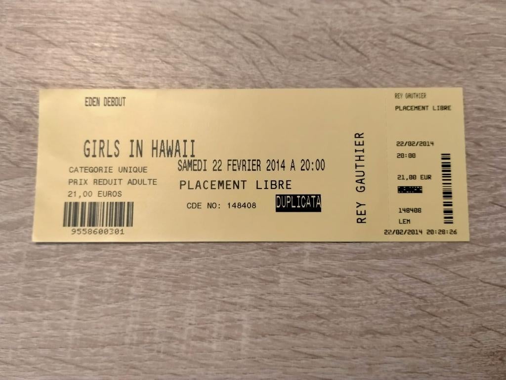Girls in Hawaii @Eden Charleroi concertticket 22/2/2014, Verzamelen, Muziek, Artiesten en Beroemdheden, Gebruikt, Overige typen