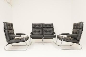 Vintage Bauhaus bank en 2 fauteuils zwart leer 1974 IKEA beschikbaar voor biedingen