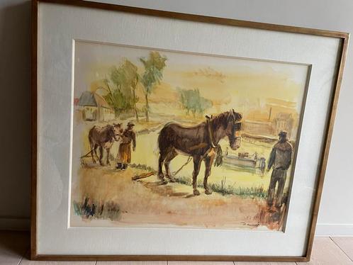 Aquarel van L. Desmaré/Paarden langs het jaagpad, Antiek en Kunst, Kunst | Schilderijen | Klassiek, Ophalen