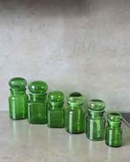 Set van 6 vintage groene glazen potten van 9 tot 17 cm, Ophalen of Verzenden, Zo goed als nieuw